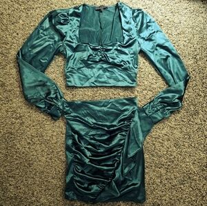 Emerald Satin Ruched Skirt Two Piece Set Small